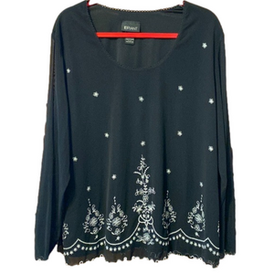 Lane Bryant black and white embroidered blouse with sheer sleeves. Size 22/24.